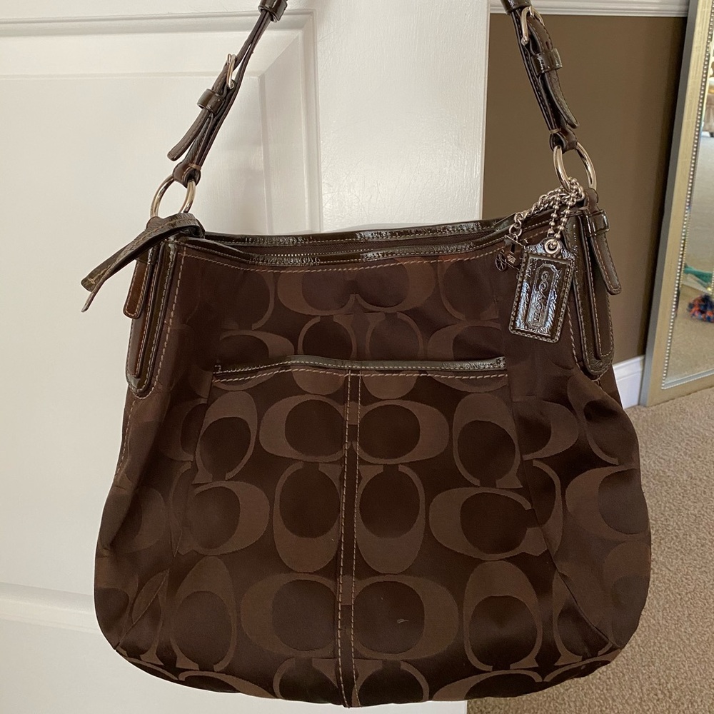 Coach Brown Logo Fabric Satchel Handbag